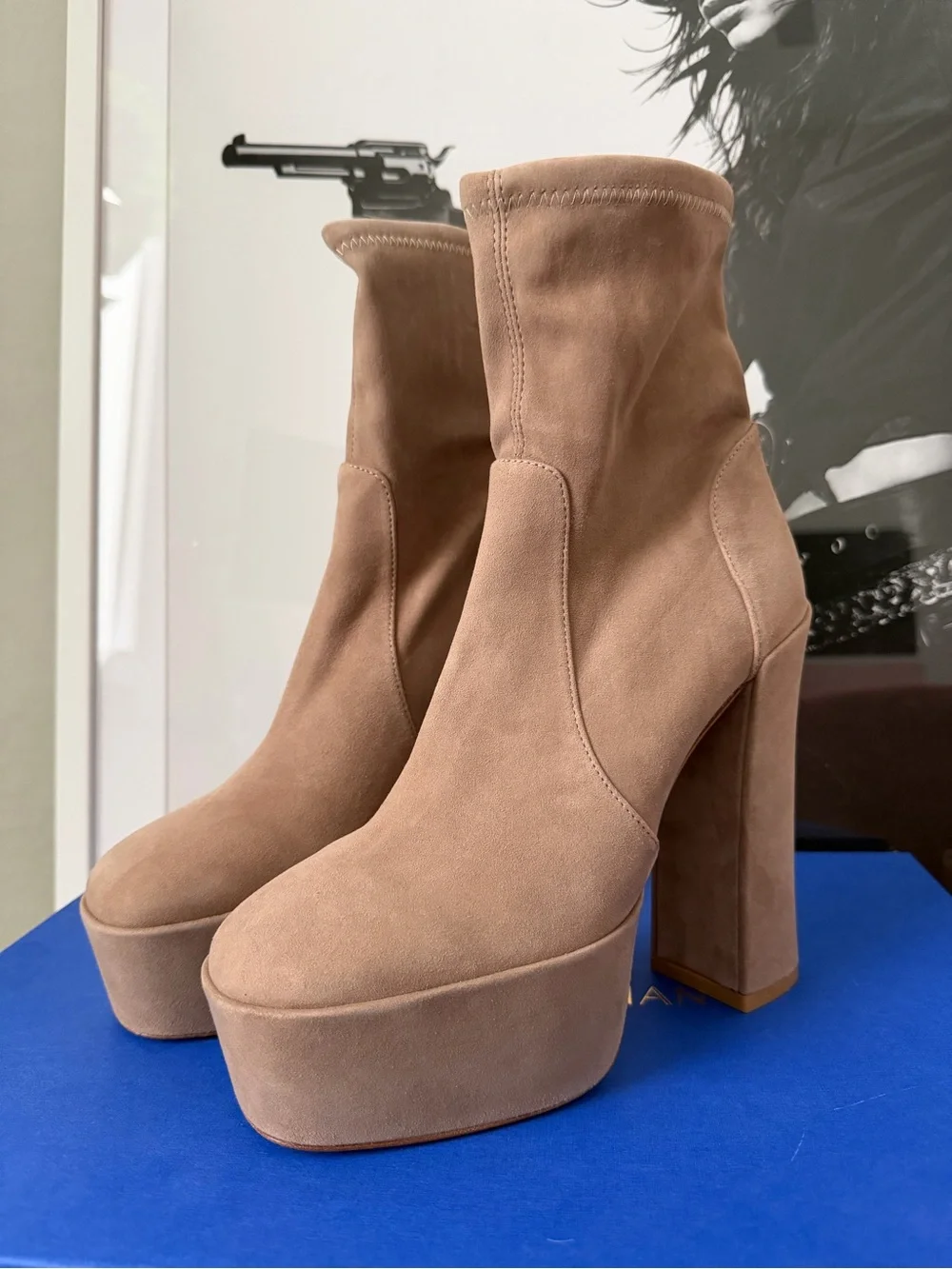 Stuart Weitzman SkyHigh Platform Boot in Cashmere, 8 - Box + Dustbag